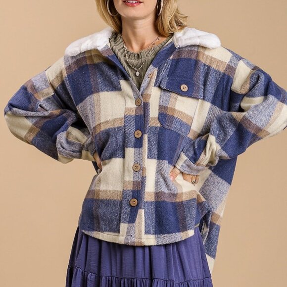 NWT Boutique Dusty Blue Plaid Shacket - Picture 3 of 6